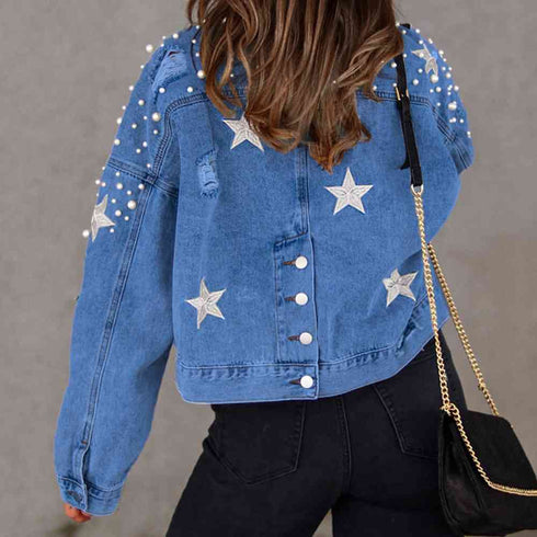 'Marlowe' Distressed Pearl Crop Jacket - Celes Fashion